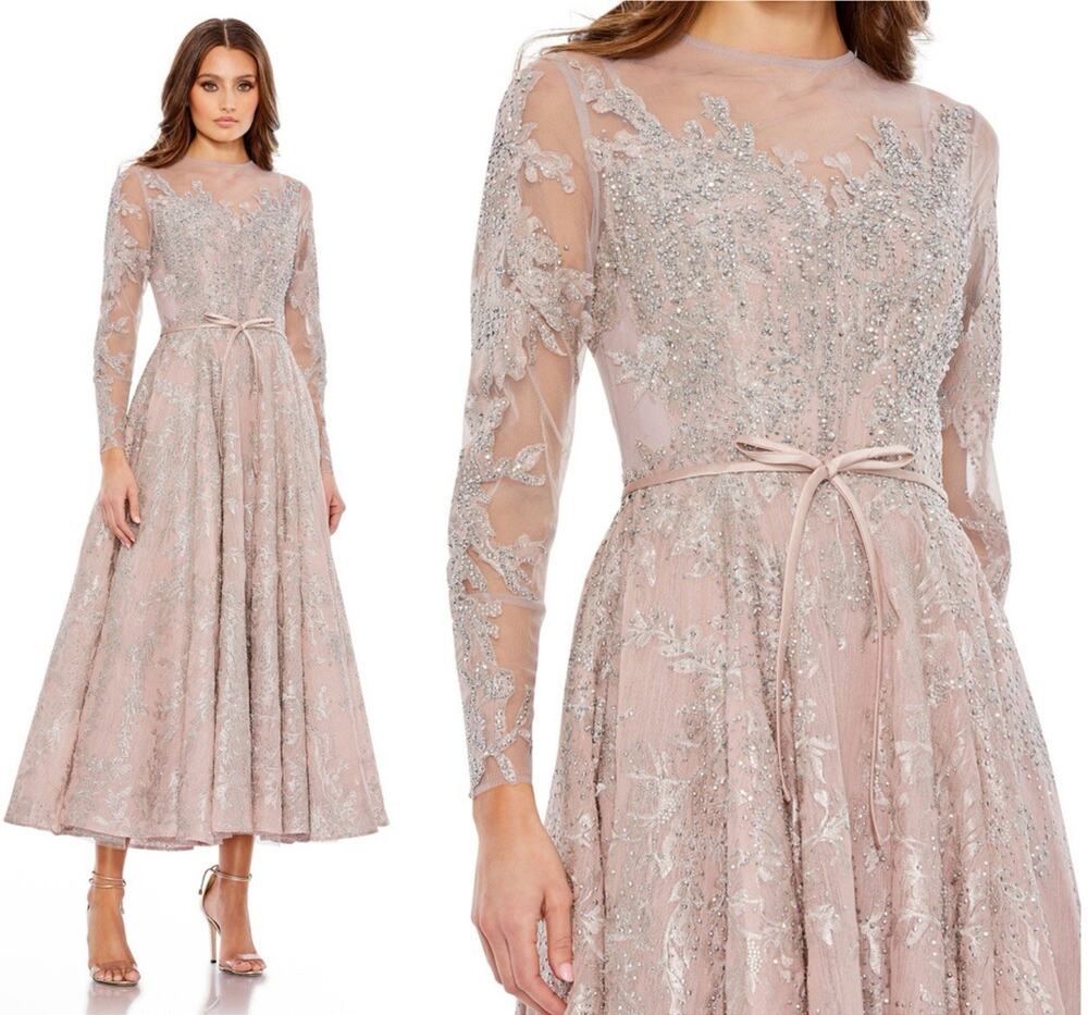 MAC DUGGAL 20337 Embellished Bow Belt Illusion Long Sleeve Dress Size 14 NWT
